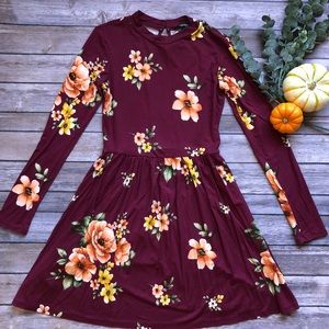 Maroon floral long sleeve mini dress.